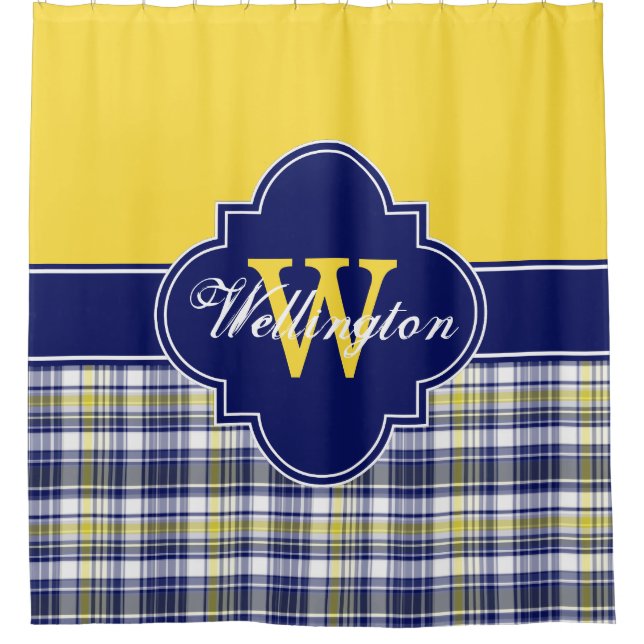 Yellow Navy Pink Madras Plaid 1ICB Ribbon Name Shower Curtain (Front)