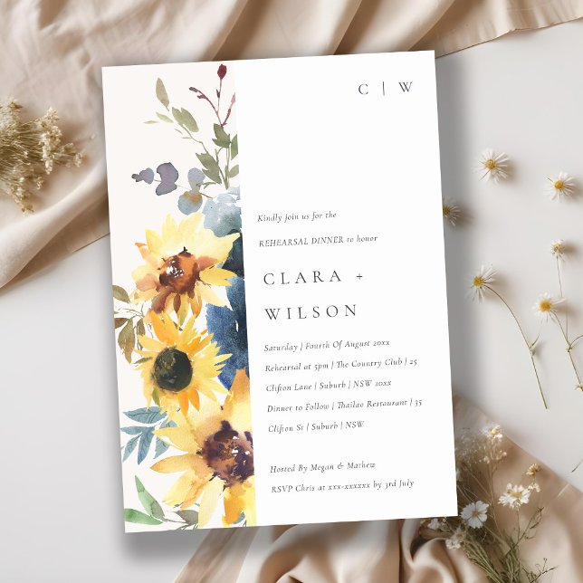 Yellow Navy Sunflower Floral Rehearsal Dinner Invitation (Creator Uploaded)