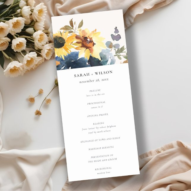 Yellow Navy Sunflower Floral Wedding Program (Creator Uploaded)