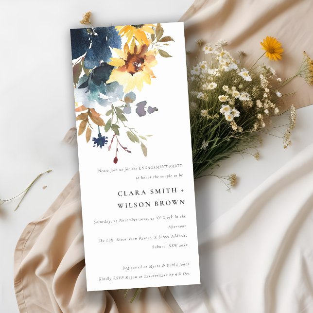 Yellow Navy Sunflower Watercolor Floral Engagement Invitation (Creator Uploaded)
