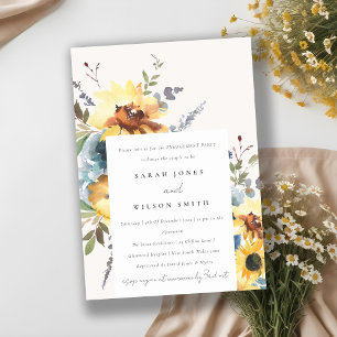 Yellow Navy Sunflower Watercolor Floral Engagement Invitation