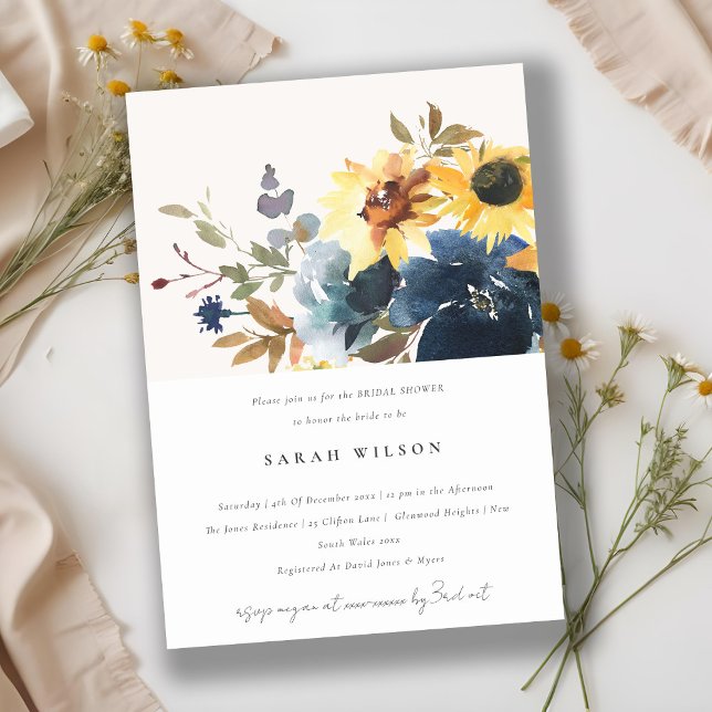 Yellow Navy Sunflowers Floral Bridal Shower Invitation (Creator Uploaded)