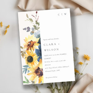 Yellow Navy Sunflowers Watercolor Floral Wedding Invitation