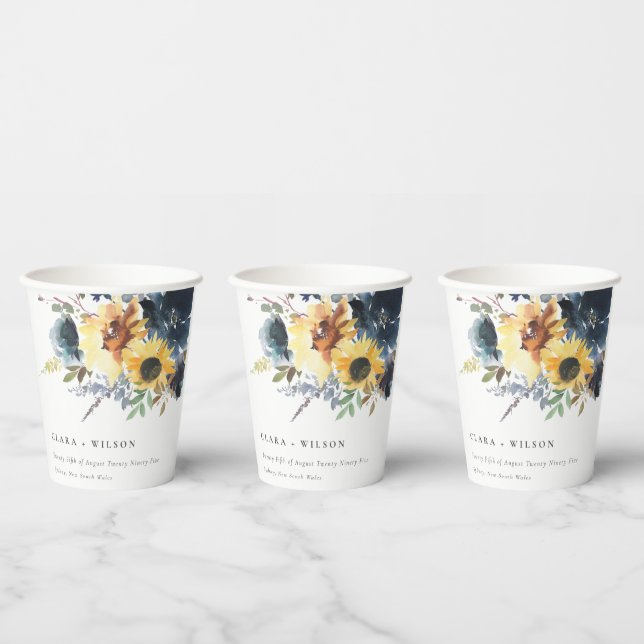 Yellow Navy Sunflowers Watercolor Floral Wedding Paper Cups (Multi)