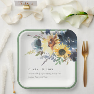 Yellow Navy Sunflowers Watercolor Floral Wedding Paper Plate