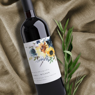 Yellow Navy Sunflowers Watercolor Floral Wedding Wine Label