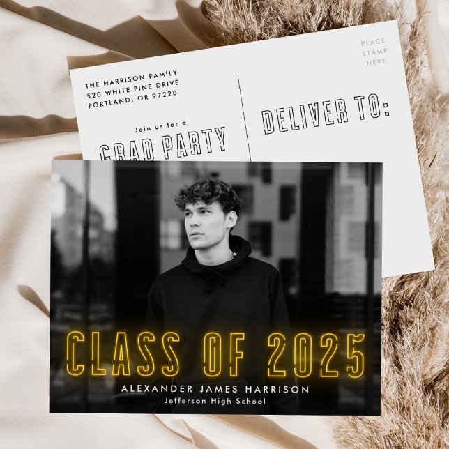 Yellow Neon Class of 2025 Photo Graduation Party Invitation Postcard (Creator Uploaded)