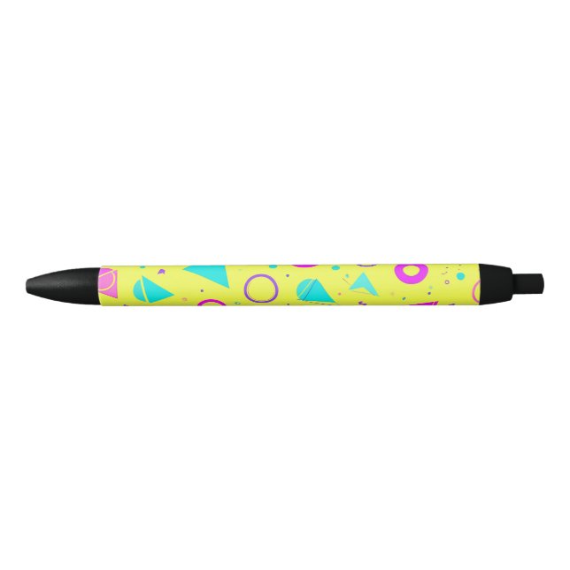 Yellow Neon Memphis Geometric 80s Design Black Ink Pen (Front)