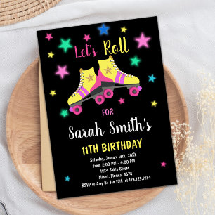 Yellow Neon Star Skate Birthday Invitations