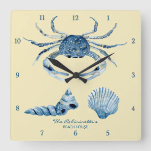 Yellow Ocean Crab Seashells Nautical Beach House Square Wall Clock