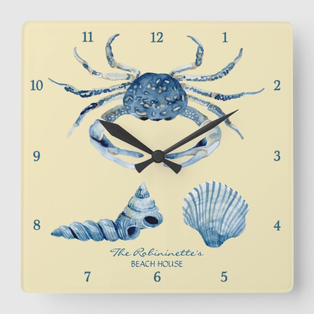 Yellow Ocean Crab Seashells Nautical Beach House Square Wall Clock (Front)