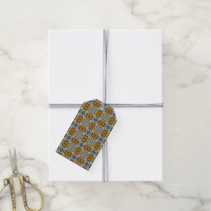 Yellow Ochre Grey and White Repeat Tile Pattern.jp Gift Tags