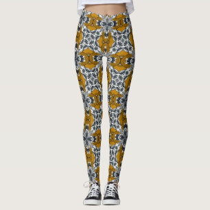Yellow Ochre Grey and White Repeat Tile Pattern.jp Leggings
