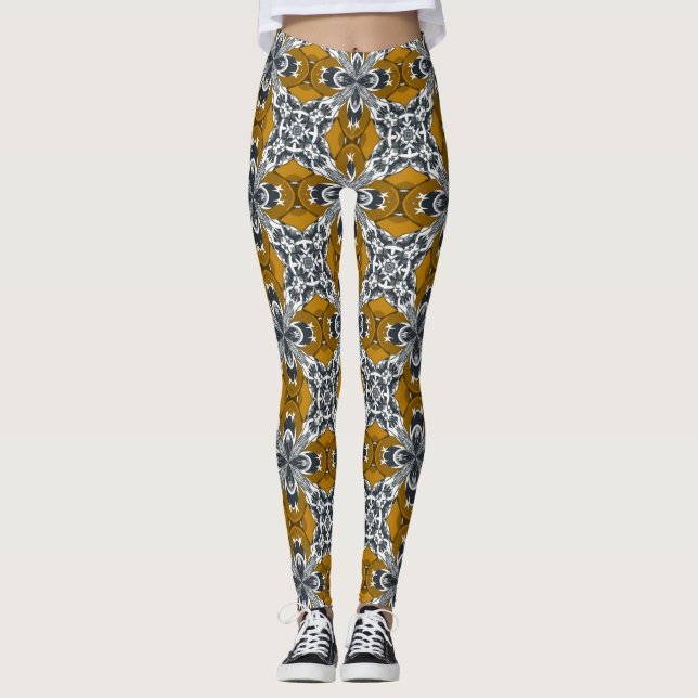 Yellow Ochre Grey and White Repeat Tile Pattern.jp Leggings (Front)
