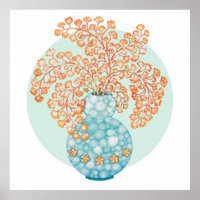 Yellow Ochre Leaves Turquoise Vase Watercolor Art