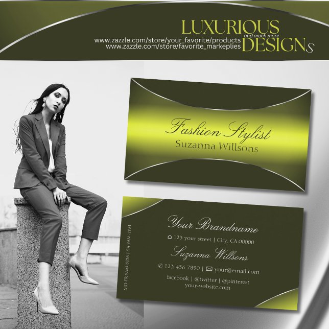 Yellow Olive Green with Chic Silver Border Elegant Business Card (Creator Uploaded)