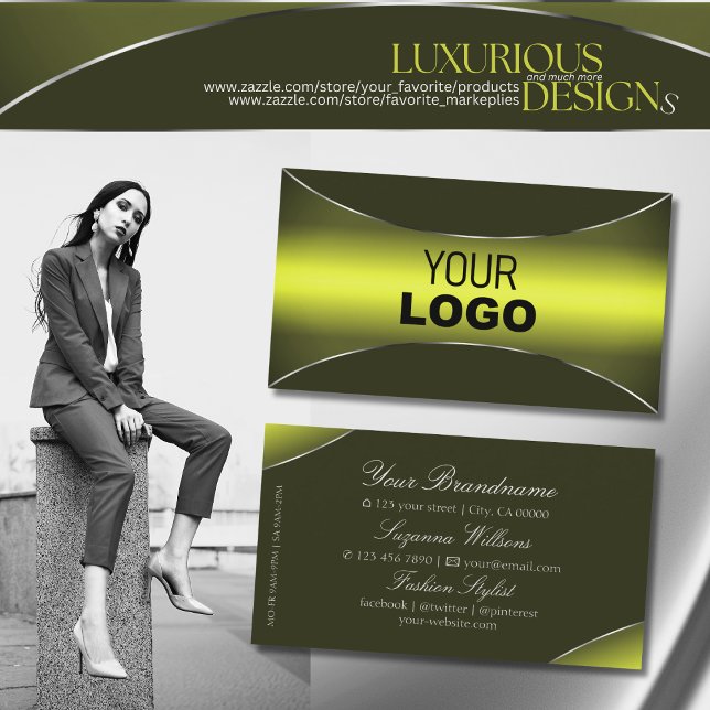 Yellow Olive Green with Silver Border and Logo Business Card (Creator Uploaded)