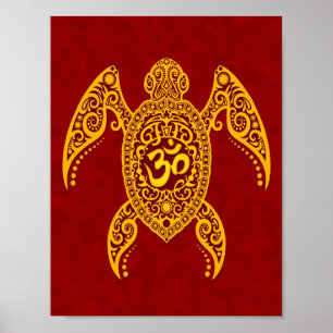 Yellow Om Sea Turtle on Red Poster