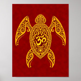 Yellow Om Sea Turtle on Red Poster