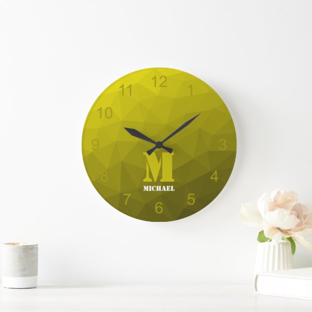 Yellow ombre geometry Mesh Pattern Monogram Large Clock (Home)