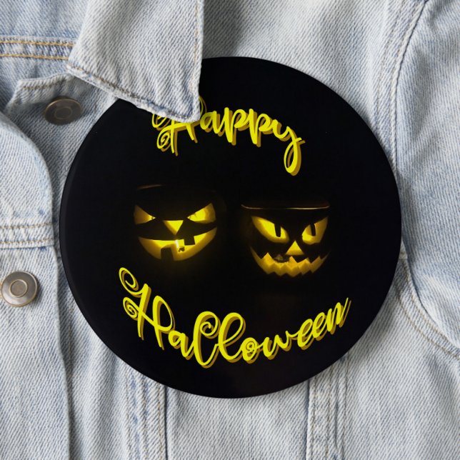 Yellow on black Happy Halloween text pumpkin face 6 Cm Round Badge (In Situ)