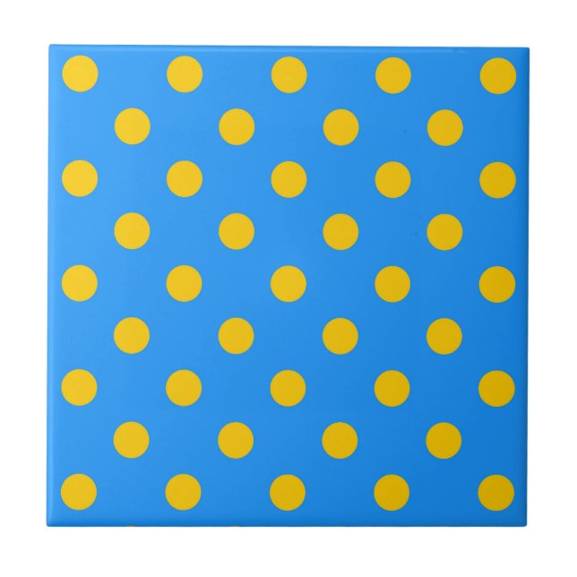 Yellow On Blue Polka Dots Pattern Design Ceramic Tile (Front)