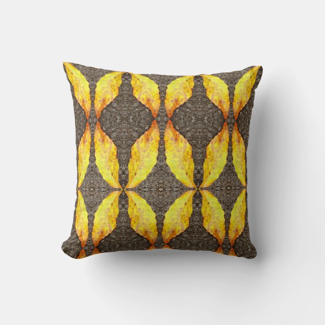 yellow on grey fall leaves solid back cushion (Front)
