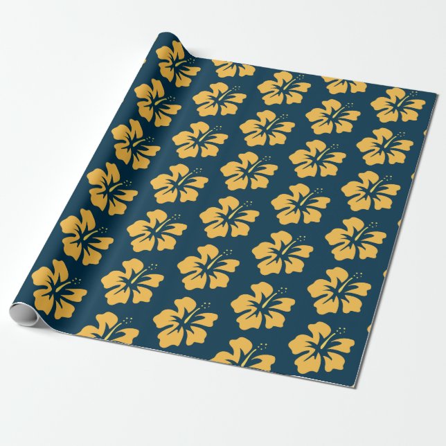 Yellow on Prussian Blue Hibiscus Wrapping Paper (Unrolled)