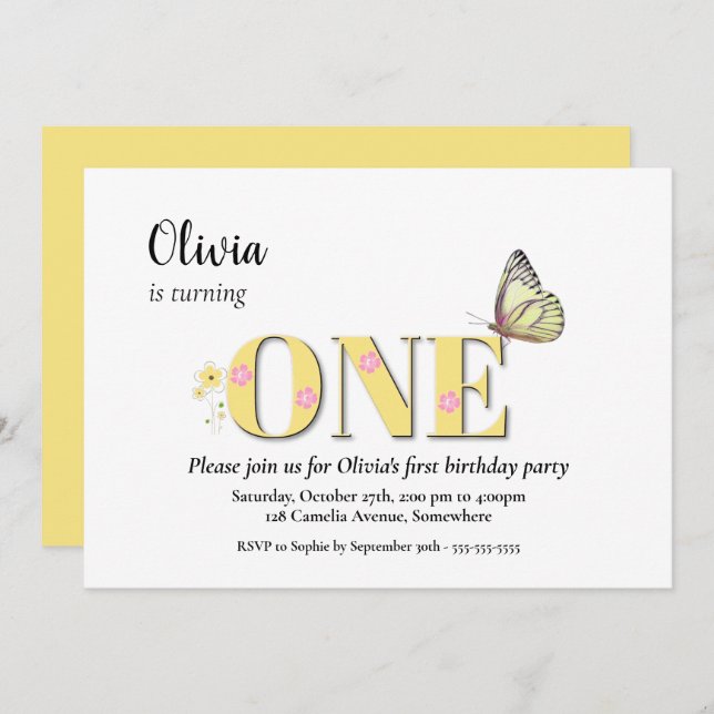 Yellow One 1st Birthday Party Invitation (Front/Back)