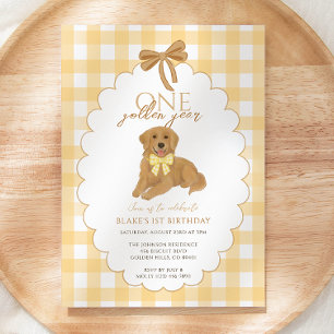 Yellow One Golden Year Puppy First Birthday Party Invitation