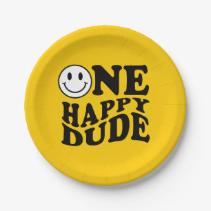 Yellow One Happy Dude Preppy Smile 1st Birthday Paper Plate