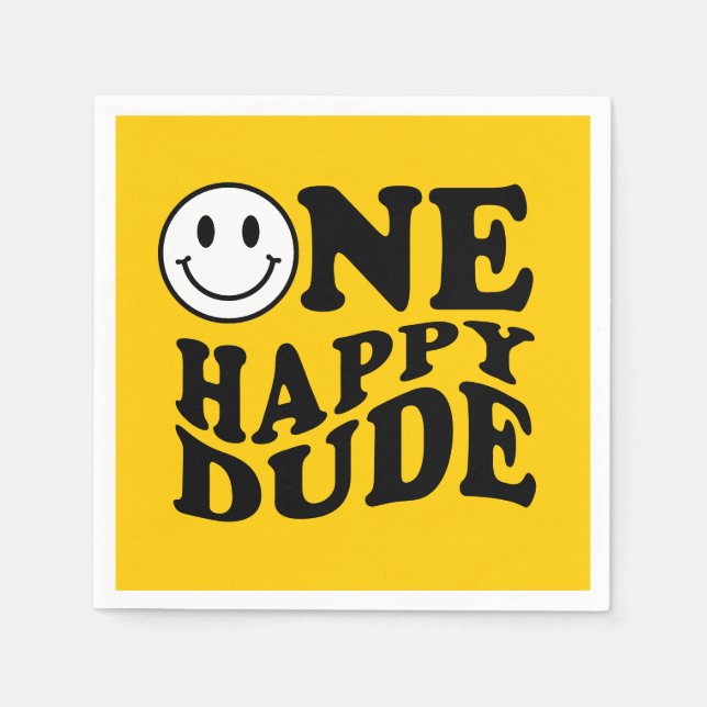 Yellow One Happy Dude Retro Happy Smile Birthday Napkin (Front)