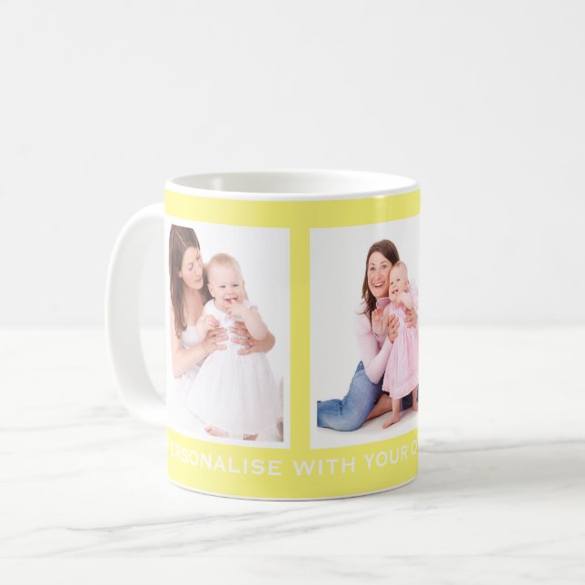 Yellow or Custom Colour 3 Photo Personalised Coffee Mug (Front Left)