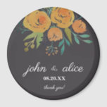 Yellow Orange and Brown Floral Wedding Magnet<br><div class="desc">A part of the A Touch of Yellow Floral Peonies and Roses Collection. This is a classic and elegant wedding magnet designed with yellow orange roses and peonies,  botanical and eucalyptus leaves in a dark brown background. A thank you gift for your guests.</div>