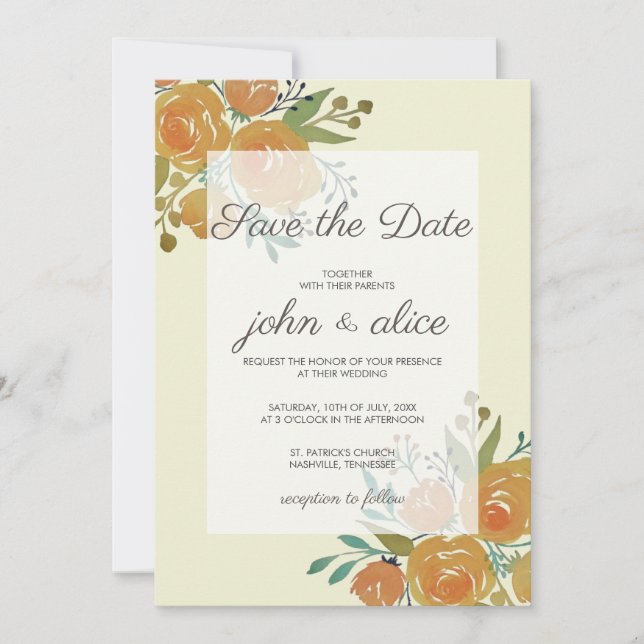 Yellow Orange and Cream Floral Wedding Save The Date (Front)