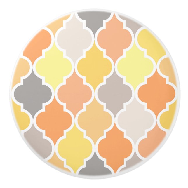 Yellow, orange and grey quatrefoil pattern ceramic knob (Front)