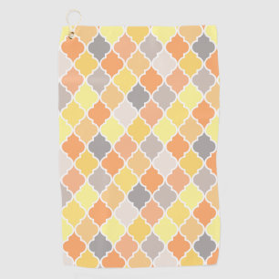 Yellow, orange and grey quatrefoil pattern golf towel