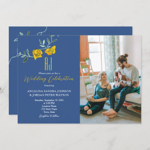 Yellow Orange and Navy Blue Wedding Invitation