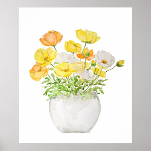 yellow orange and white poppies in pot poster