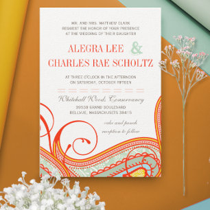 Yellow Orange Aqua Mint Persimmon Paisley Wedding Invitation