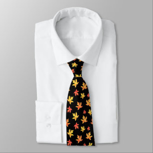 Yellow Orange Black Watercolor Maple Leaf Pattern  Tie