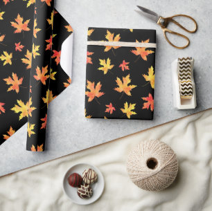 Yellow Orange Black Watercolor Maple Leaf Pattern  Wrapping Paper