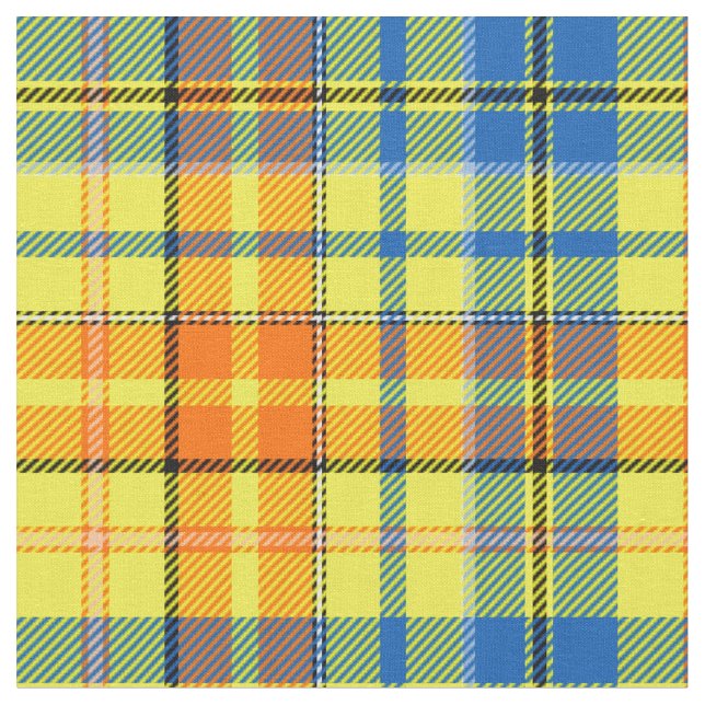 Yellow Orange Blue Plaid Tartan Design  Fabric (Close Up)