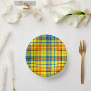 Yellow Orange Blue Plaid Tartan Design Paper Plate