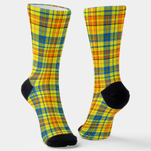 Yellow Orange Blue Plaid Tartan Design Socks