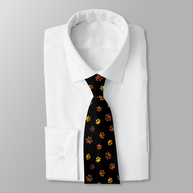 Yellow Orange Brown Paw Prints on Black Tie (Tied)