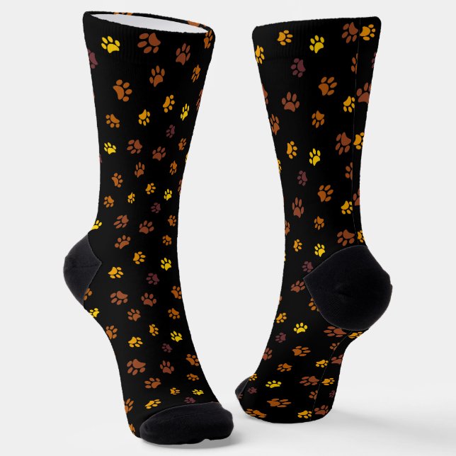 Yellow Orange Brown Paw Prints Pattern Black Socks (Angled)