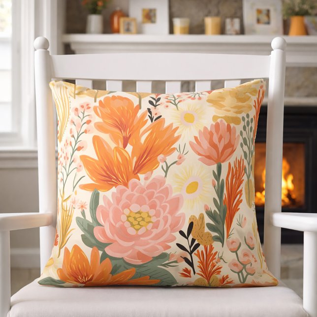 Yellow Orange Coral Green Floral  Cushion (Cozy farmhouse decor)