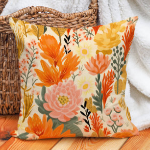 Yellow Orange Coral Green Floral  Cushion