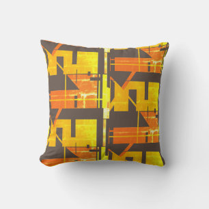 Yellow Orange Dark Brown Patterned Large Tiles Cushion